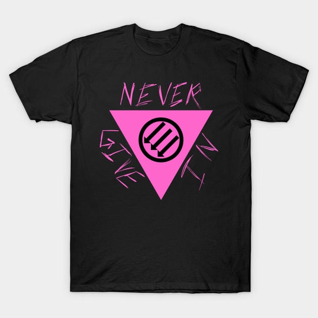 NEVER GIVE IN - Queer Antifa Triangle T-Shirt by SaxPon3_UmiZee